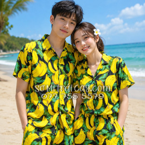 Bộ Áo Sơ Mi Quần Short Trái Cây Họa Tiết Chuối Vàng Nền Đen Tropical