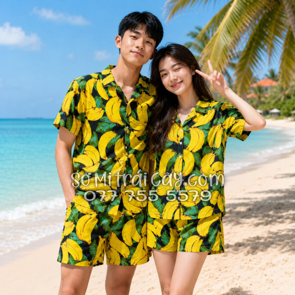 Bộ Áo Sơ Mi Quần Short Trái Cây Họa Tiết Chuối Vàng Nền Đen Tropical