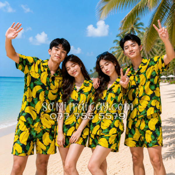 Bộ Áo Sơ Mi Quần Short Trái Cây Họa Tiết Chuối Vàng Nền Đen Tropical