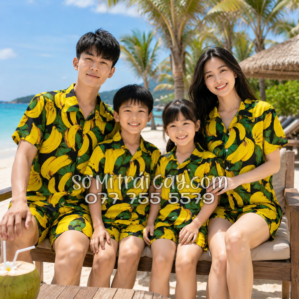 Bộ Áo Sơ Mi Quần Short Trái Cây Họa Tiết Chuối Vàng Nền Đen Tropical
