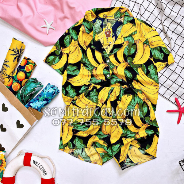 Bộ Áo Sơ Mi Quần Short Trái Cây Họa Tiết Chuối Vàng Nền Đen Tropical