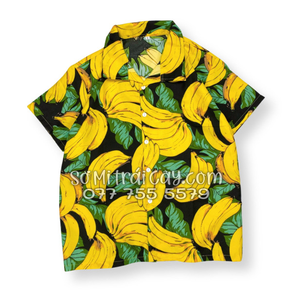 Bộ Áo Sơ Mi Quần Short Trái Cây Họa Tiết Chuối Vàng Nền Đen Tropical