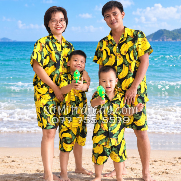 Bộ Áo Sơ Mi Quần Short Trái Cây Họa Tiết Chuối Vàng Nền Đen Tropical