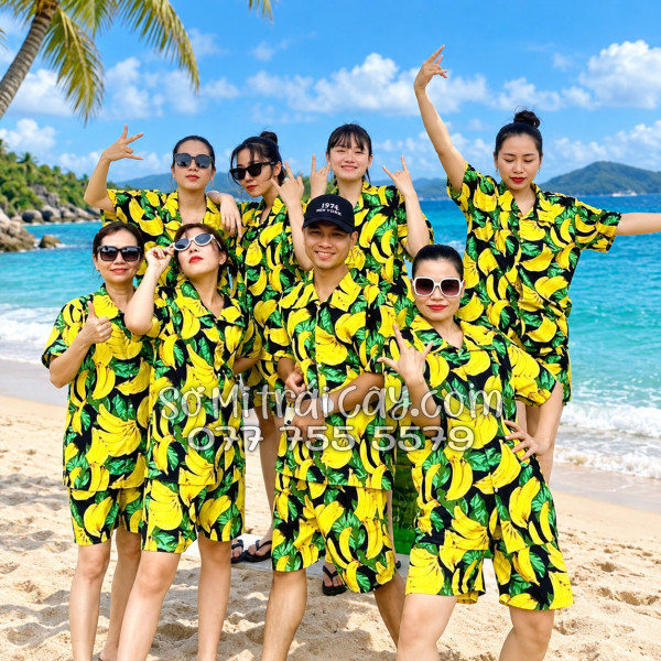 Bộ Áo Sơ Mi Quần Short Trái Cây Họa Tiết Chuối Vàng Nền Đen Tropical
