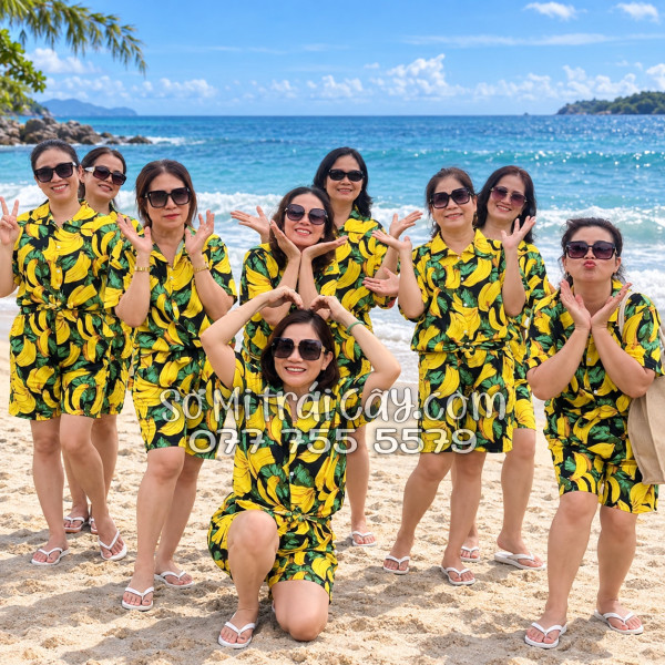 Bộ Áo Sơ Mi Quần Short Trái Cây Họa Tiết Chuối Vàng Nền Đen Tropical