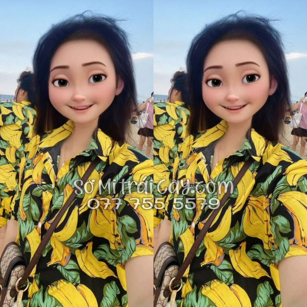 Bộ Áo Sơ Mi Quần Short Trái Cây Họa Tiết Chuối Vàng Nền Đen Tropical