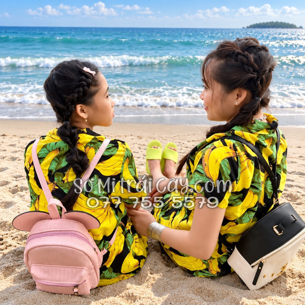 Bộ Áo Sơ Mi Quần Short Trái Cây Họa Tiết Chuối Vàng Nền Đen Tropical