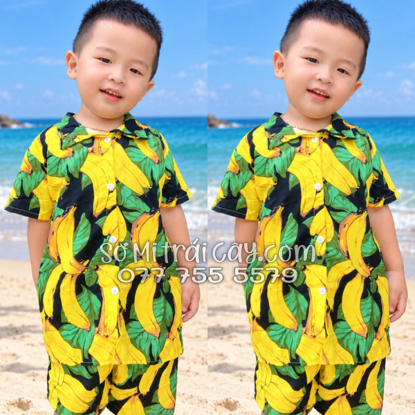 Bộ Áo Sơ Mi Quần Short Trái Cây Họa Tiết Chuối Vàng Nền Đen Tropical