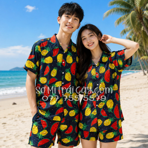 Bộ Áo Sơ Mi Quần Short Trái Cây Họa Tiết Thơm Dưa Hấu Nền Đen Tropical