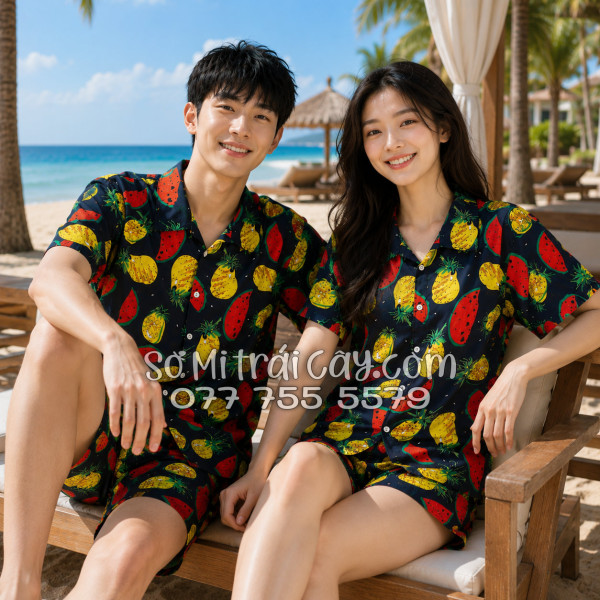 Bộ Áo Sơ Mi Quần Short Trái Cây Họa Tiết Thơm Dưa Hấu Nền Đen Tropical