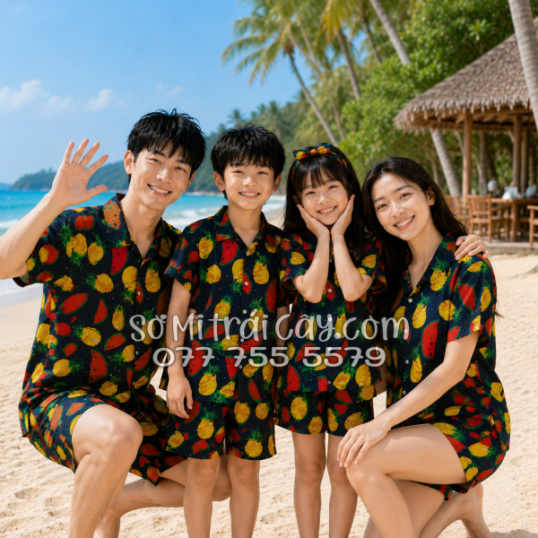 Bộ Áo Sơ Mi Quần Short Trái Cây Họa Tiết Thơm Dưa Hấu Nền Đen Tropical