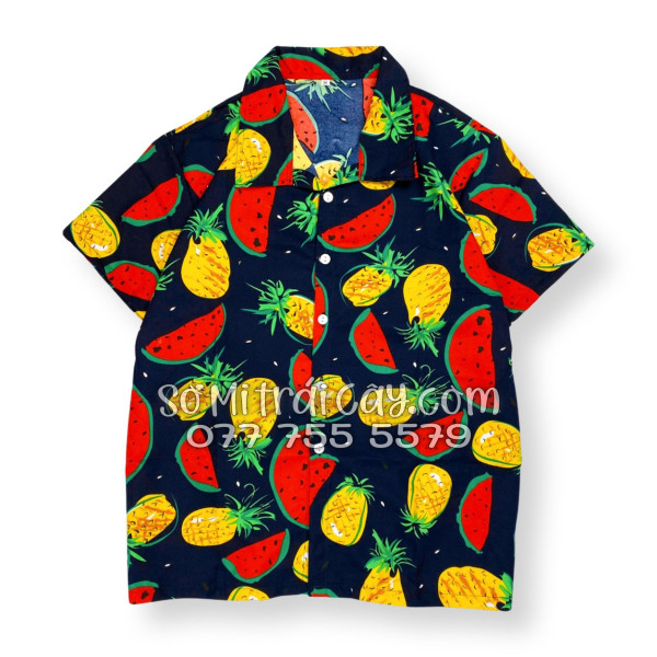 Bộ Áo Sơ Mi Quần Short Trái Cây Họa Tiết Thơm Dưa Hấu Nền Đen Tropical