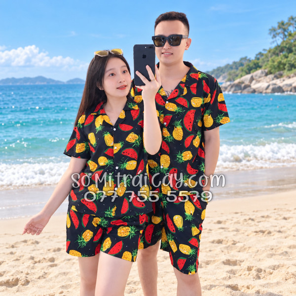 Bộ Áo Sơ Mi Quần Short Trái Cây Họa Tiết Thơm Dưa Hấu Nền Đen Tropical