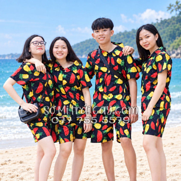 Bộ Áo Sơ Mi Quần Short Trái Cây Họa Tiết Thơm Dưa Hấu Nền Đen Tropical