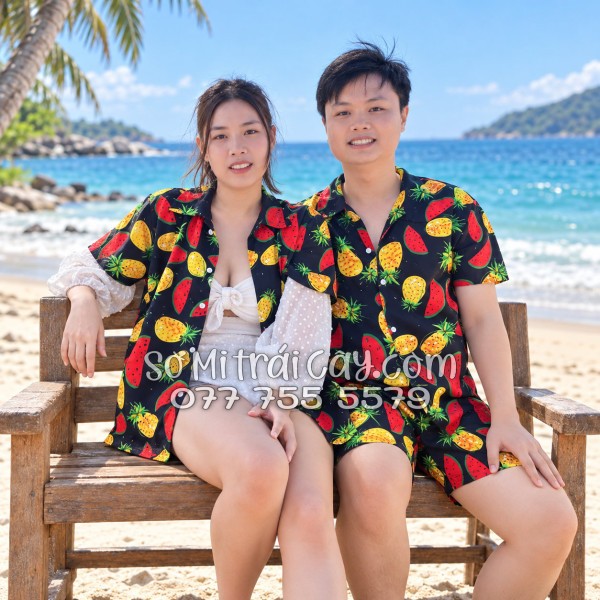 Bộ Áo Sơ Mi Quần Short Trái Cây Họa Tiết Thơm Dưa Hấu Nền Đen Tropical