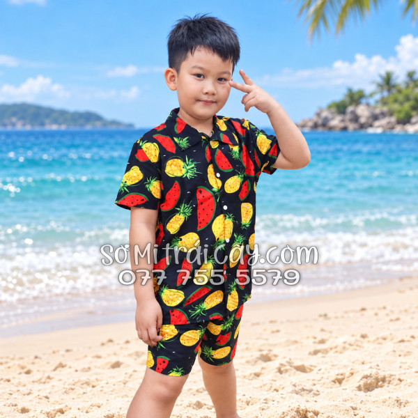 Bộ Áo Sơ Mi Quần Short Trái Cây Họa Tiết Thơm Dưa Hấu Nền Đen Tropical