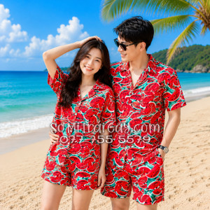 Bộ Áo Sơ Mi Quần Short Trái Cây Họa Tiết Dưa Hấu Đỏ Tropical