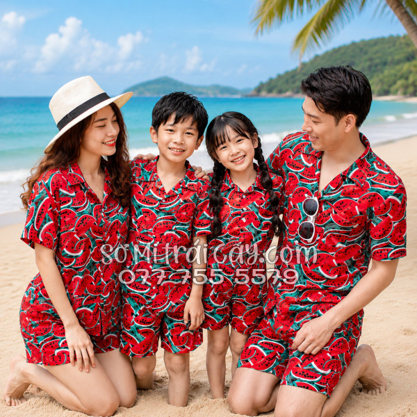 Bộ Áo Sơ Mi Quần Short Trái Cây Họa Tiết Dưa Hấu Đỏ Tropical