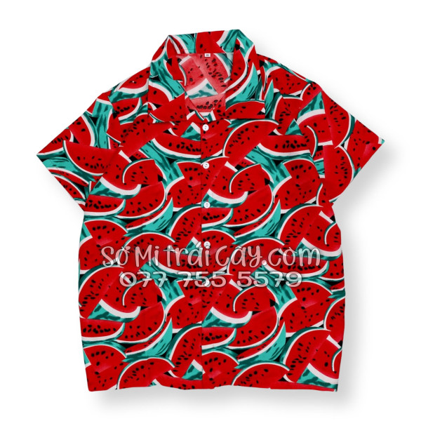 Bộ Áo Sơ Mi Quần Short Trái Cây Họa Tiết Dưa Hấu Đỏ Tropical