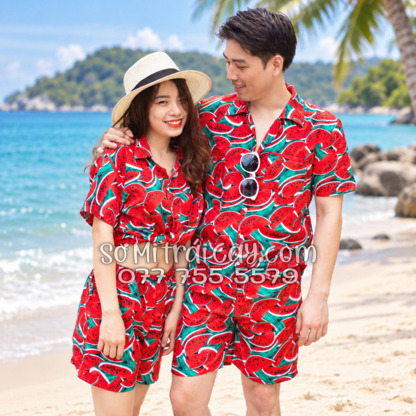 Bộ Áo Sơ Mi Quần Short Trái Cây Họa Tiết Dưa Hấu Đỏ Tropical