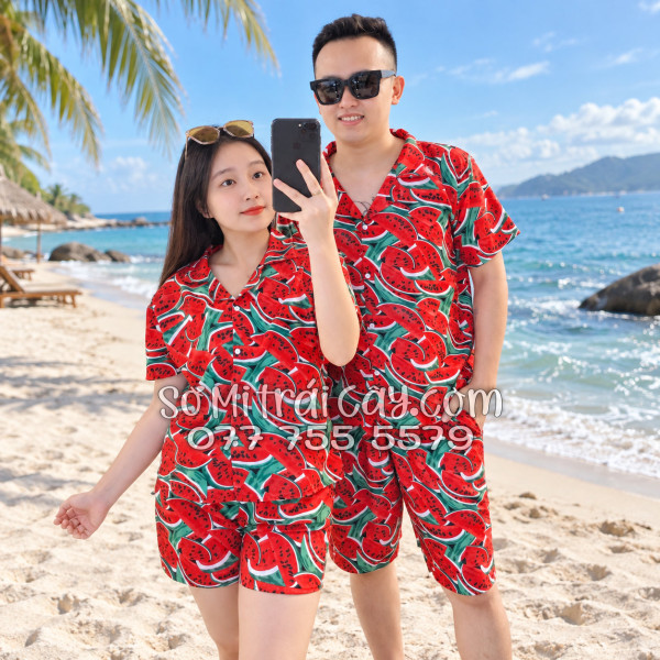 Bộ Áo Sơ Mi Quần Short Trái Cây Họa Tiết Dưa Hấu Đỏ Tropical