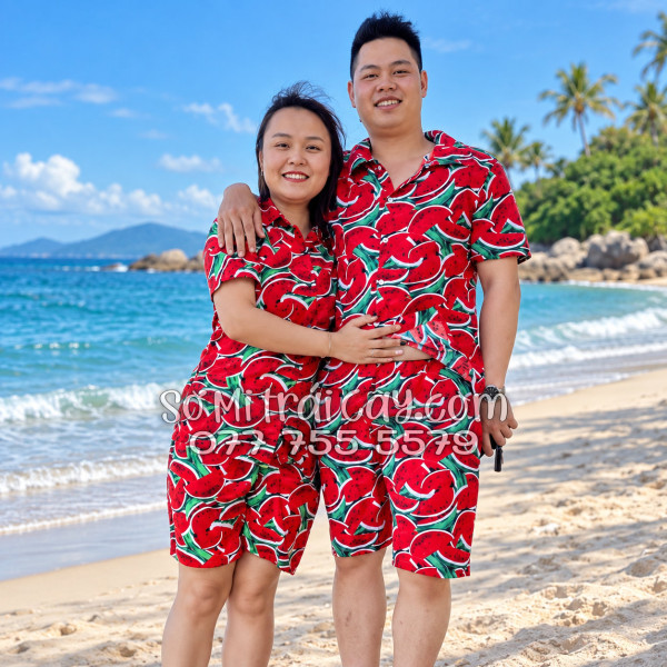 Bộ Áo Sơ Mi Quần Short Trái Cây Họa Tiết Dưa Hấu Đỏ Tropical