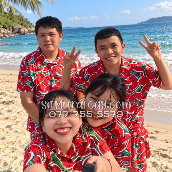 Bộ Áo Sơ Mi Quần Short Trái Cây Họa Tiết Dưa Hấu Đỏ Tropical