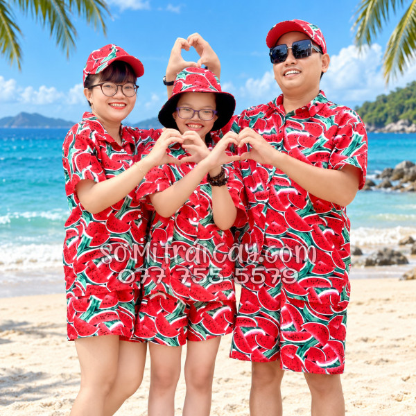 Bộ Áo Sơ Mi Quần Short Trái Cây Họa Tiết Dưa Hấu Đỏ Tropical