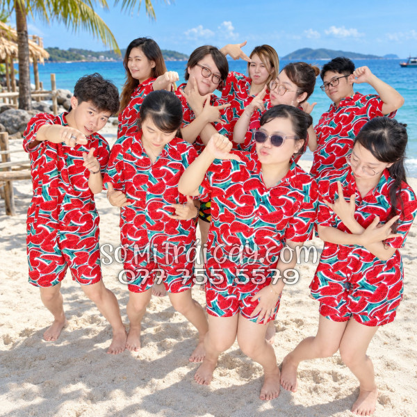 Bộ Áo Sơ Mi Quần Short Trái Cây Họa Tiết Dưa Hấu Đỏ Tropical