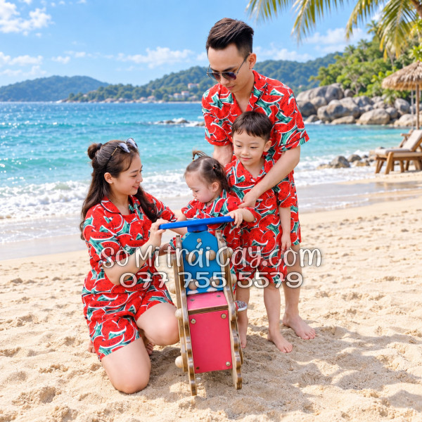 Bộ Áo Sơ Mi Quần Short Trái Cây Họa Tiết Dưa Hấu Đỏ Tropical