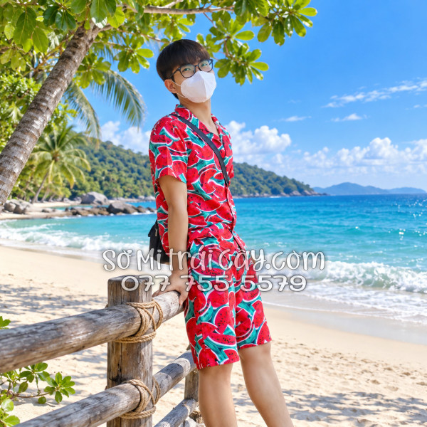 Bộ Áo Sơ Mi Quần Short Trái Cây Họa Tiết Dưa Hấu Đỏ Tropical