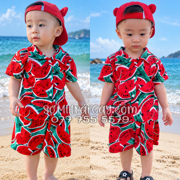 Bộ Áo Sơ Mi Quần Short Trái Cây Họa Tiết Dưa Hấu Đỏ Tropical