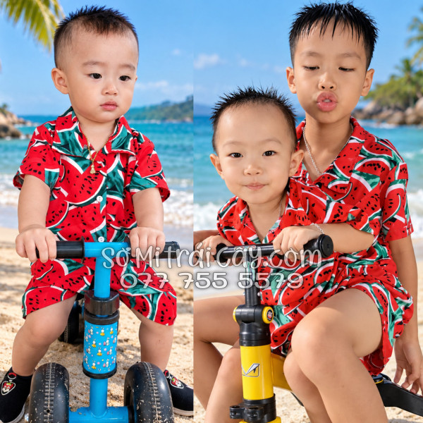 Bộ Áo Sơ Mi Quần Short Trái Cây Họa Tiết Dưa Hấu Đỏ Tropical