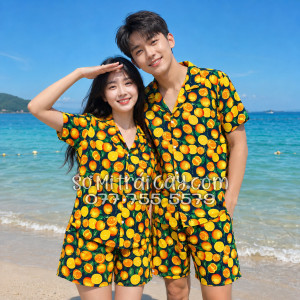Bộ Áo Sơ Mi Quần Short Trái Cây Họa Tiết Cam Vàng Nền Đen Tropical