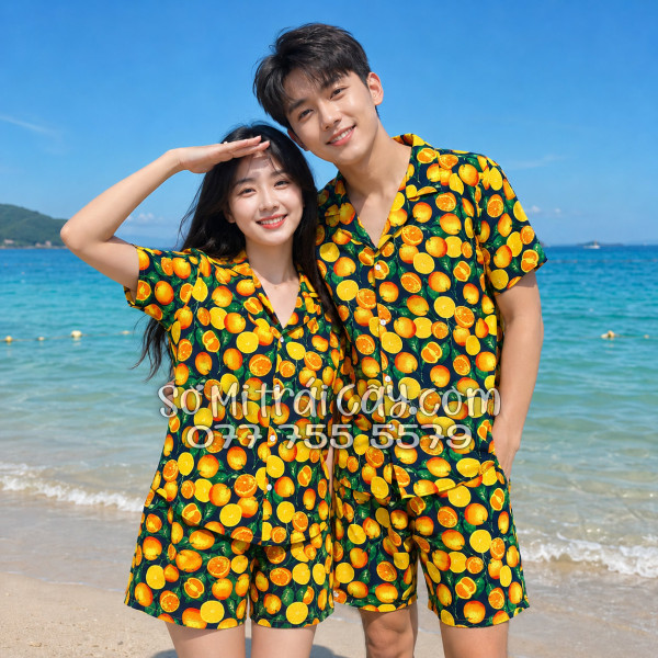 Bộ Áo Sơ Mi Quần Short Trái Cây Họa Tiết Cam Vàng Nền Đen Tropical