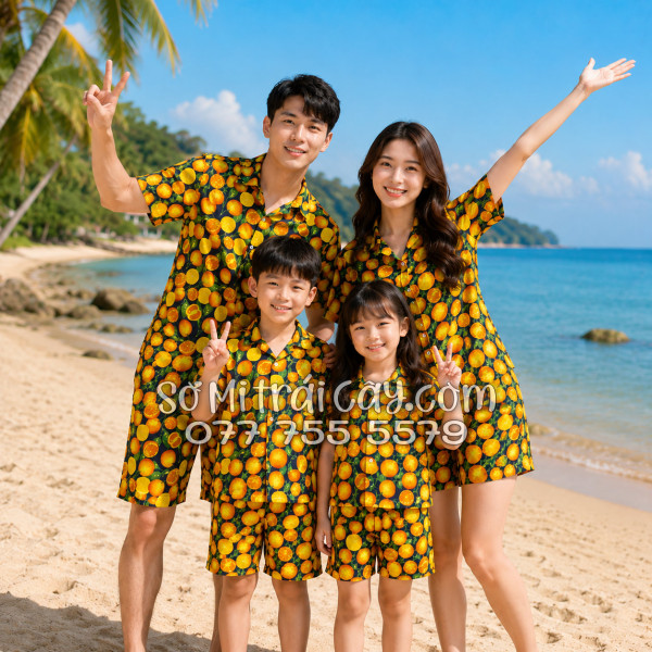 Bộ Áo Sơ Mi Quần Short Trái Cây Họa Tiết Cam Vàng Nền Đen Tropical