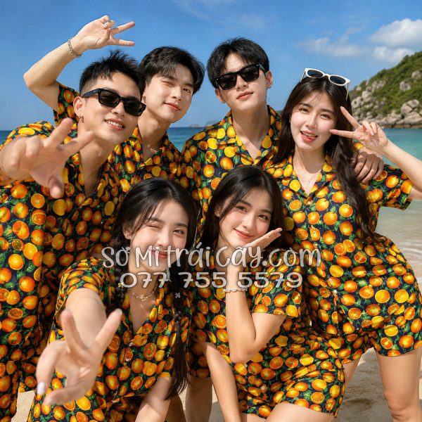 Bộ Áo Sơ Mi Quần Short Trái Cây Họa Tiết Cam Vàng Nền Đen Tropical
