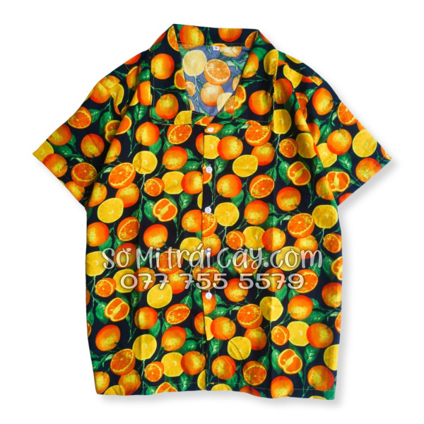 Bộ Áo Sơ Mi Quần Short Trái Cây Họa Tiết Cam Vàng Nền Đen Tropical