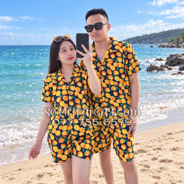 Bộ Áo Sơ Mi Quần Short Trái Cây Họa Tiết Cam Vàng Nền Đen Tropical