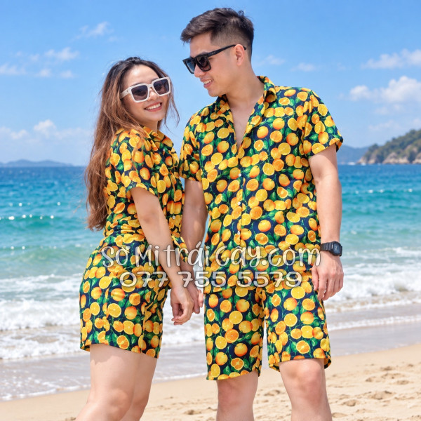 Bộ Áo Sơ Mi Quần Short Trái Cây Họa Tiết Cam Vàng Nền Đen Tropical