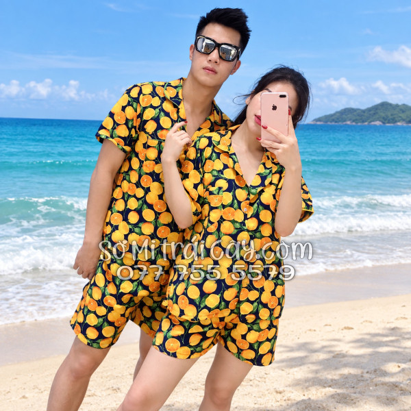 Bộ Áo Sơ Mi Quần Short Trái Cây Họa Tiết Cam Vàng Nền Đen Tropical