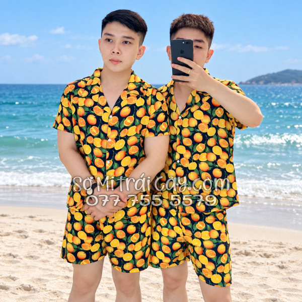 Bộ Áo Sơ Mi Quần Short Trái Cây Họa Tiết Cam Vàng Nền Đen Tropical