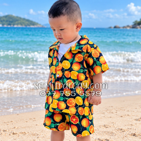 Bộ Áo Sơ Mi Quần Short Trái Cây Họa Tiết Cam Vàng Nền Đen Tropical