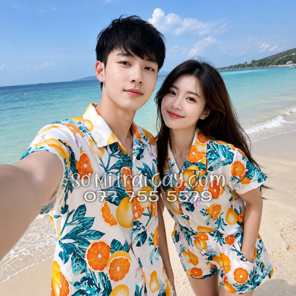 Bộ Áo Sơ Mi Quần Short Trái Cây Họa Tiết Cam Vàng Nền Trắng Tropical