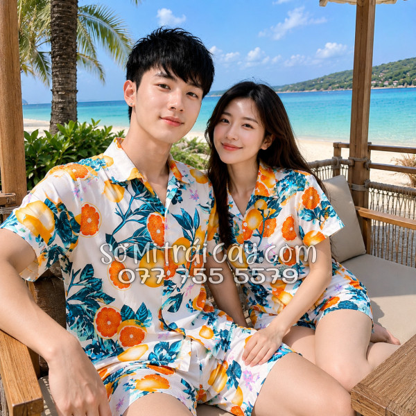 Bộ Áo Sơ Mi Quần Short Trái Cây Họa Tiết Cam Vàng Nền Trắng Tropical