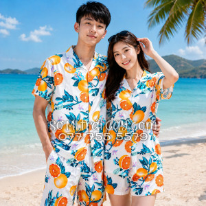 Bộ Áo Sơ Mi Quần Short Trái Cây Họa Tiết Cam Vàng Nền Trắng Tropical