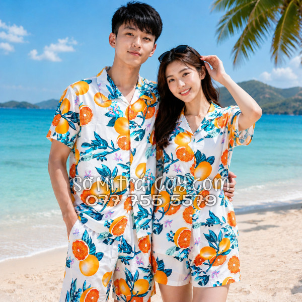 Bộ Áo Sơ Mi Quần Short Trái Cây Họa Tiết Cam Vàng Nền Trắng Tropical