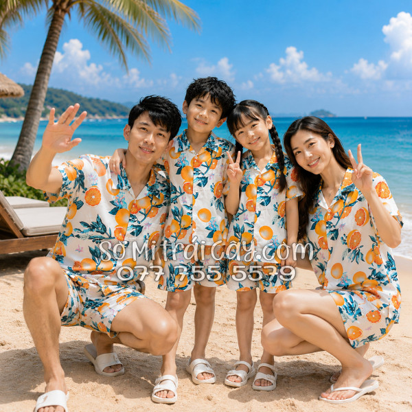 Bộ Áo Sơ Mi Quần Short Trái Cây Họa Tiết Cam Vàng Nền Trắng Tropical
