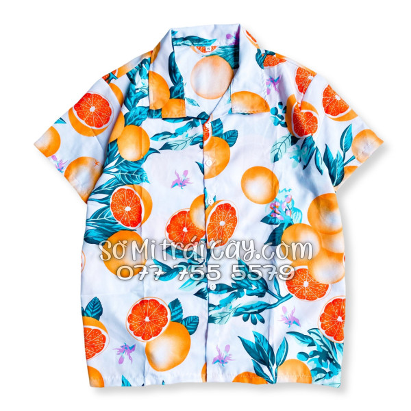 Bộ Áo Sơ Mi Quần Short Trái Cây Họa Tiết Cam Vàng Nền Trắng Tropical