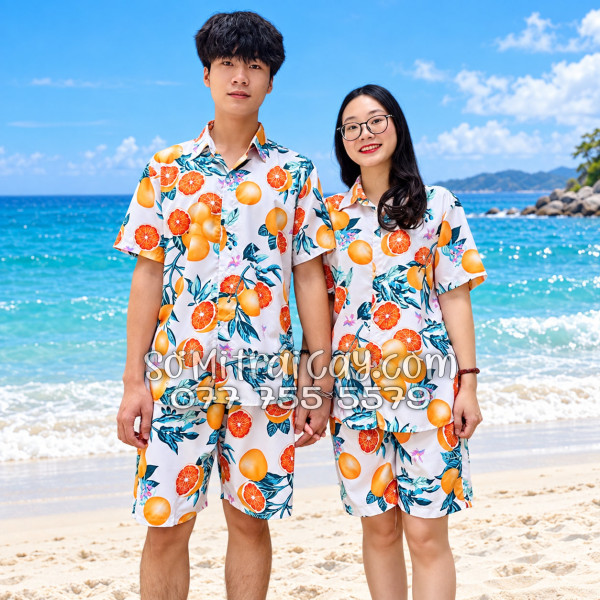 Bộ Áo Sơ Mi Quần Short Trái Cây Họa Tiết Cam Vàng Nền Trắng Tropical